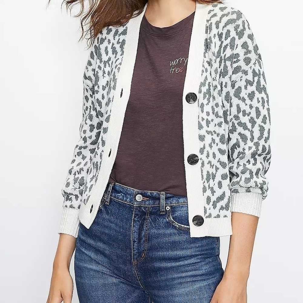 Loft Cropped Leopard Print V-Neck Cardigan Sweater XL 2021